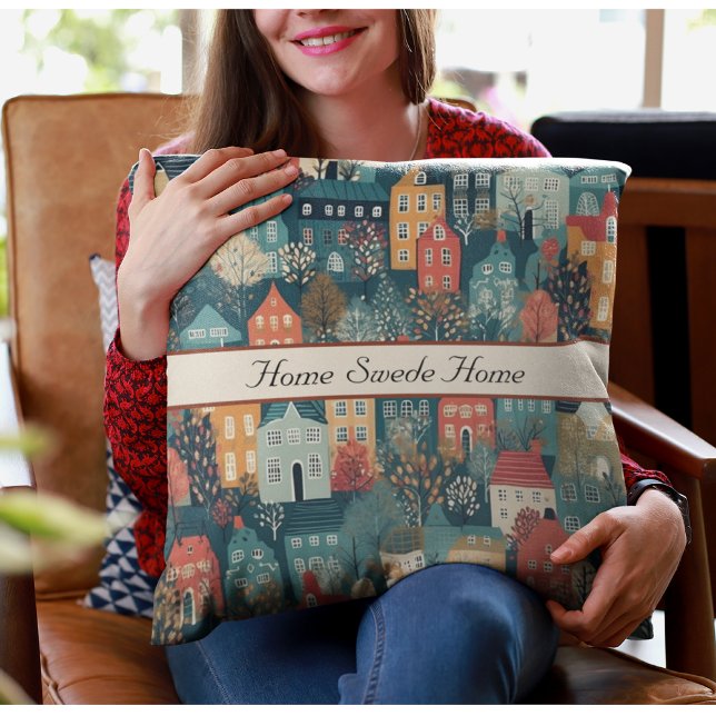 Coussin Cosy Hygge Village Nordic Folk Art, personnalisé (Créateur téléchargé)