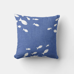 Coussin Côtière Rustique Bleu Faux Burlap & Poisson Blanc