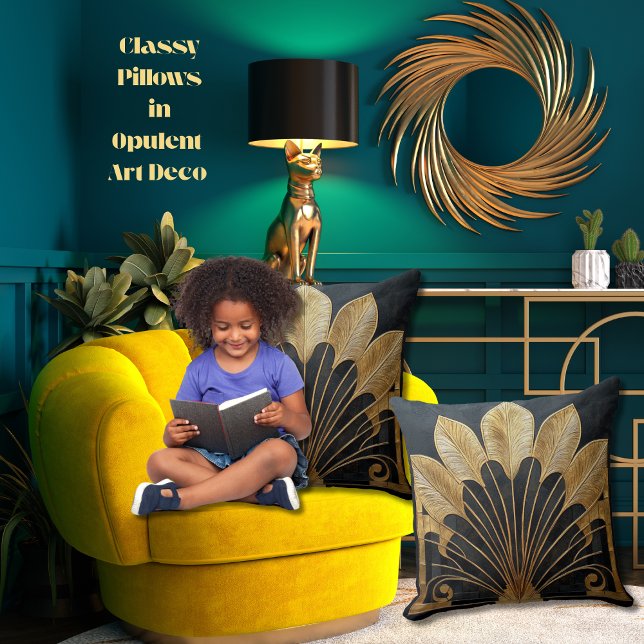 Coussin Coton 20 x 20 noir or Art déco gras élégant (Gold and feathery Art Deco fan shape on faux textured black background for an antiquity vibe)