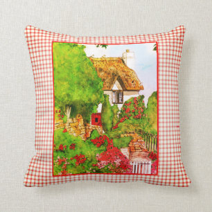 Coussin Cottage anglais à carreaux rouges et blancs aquare