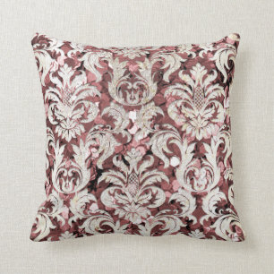 Coussin Cottage Rose Maroon Damask Grey Pearl Sequin