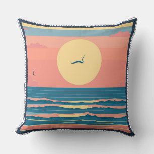 Coussin Coucher de soleil minimaliste rétro sur les vagues