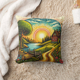 Coussin Coucher de soleil paisible sur une maison de campa