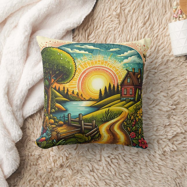 Coussin Coucher de soleil paisible sur une maison de campa (Couverture)