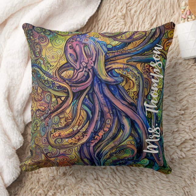 Coussin Couleur d'eau colorée Octopus avec nom personnalis (Couverture)