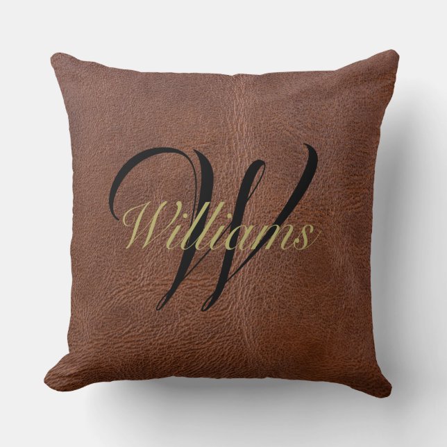 Coussin Couleur en cuir Brown rustique Monogrammé (Recto)