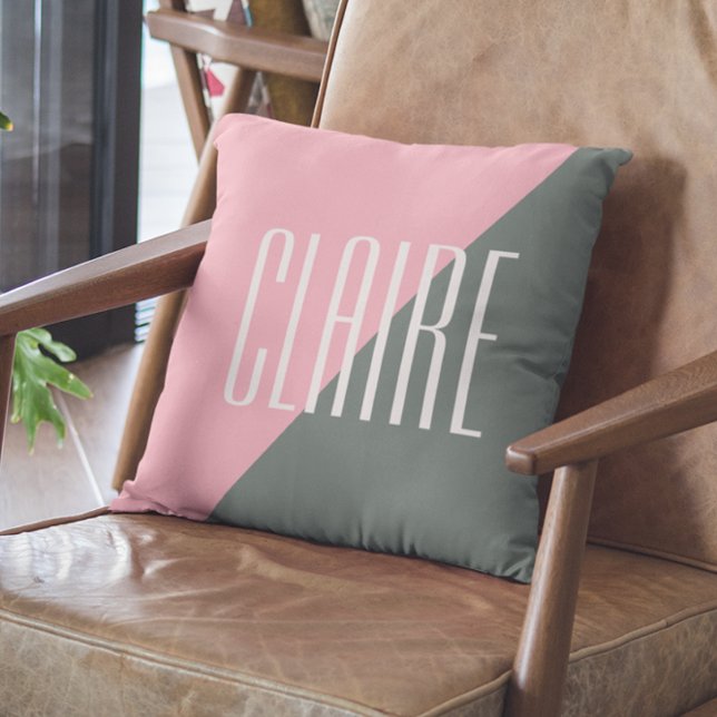 Coussin Couleur géométrique Bloc rose vert Nom personnalis (Créateur téléchargé)