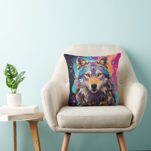 Coussin Couleurs néons de loup gris coloré