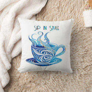 Coussin Coupe Artistique de Café Bleu avec Motifs de tourb