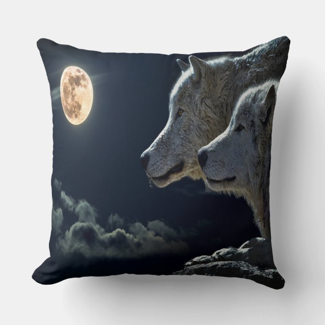 Coussin Couple de loup de nuit sur la Lune (Recto)
