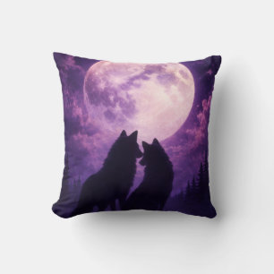 Coussin Couple de loups romantiques sous la pleine lune