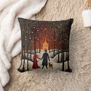 Coussin Couple d'hiver et église à la gouache vintage