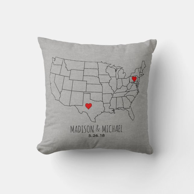 Coussin Couple personnalisé USA état carte cardiaque noms  (Recto)