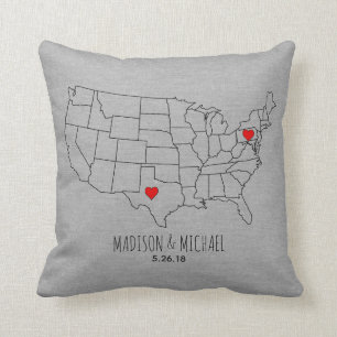 Coussin Couple personnalisé USA état carte cardiaque noms