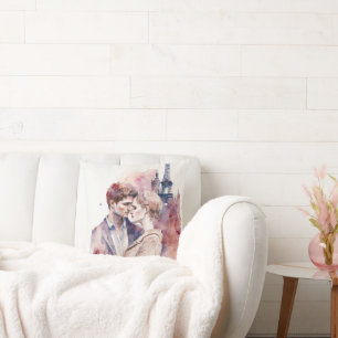 Coussin Couples d'aquarelle romantique à Paris Jeter P