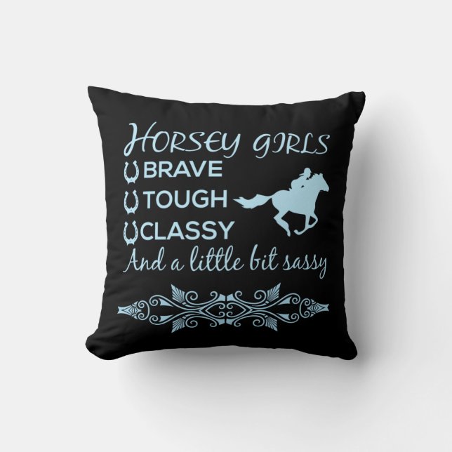 Coussin Courageuse fille de cheval robuste en bleu clair (Recto)