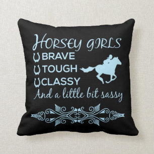 Coussin Courageuse fille de cheval robuste en bleu clair