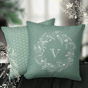 Coussin Couronne de feuillage blanc élégante lettre V