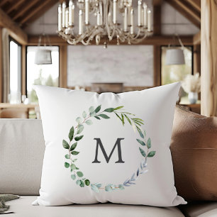 Coussin Couronne de feuilles de sauge vertes avec monogram
