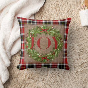 Coussin Couronne de houx JOY carreau de Burlap Noël