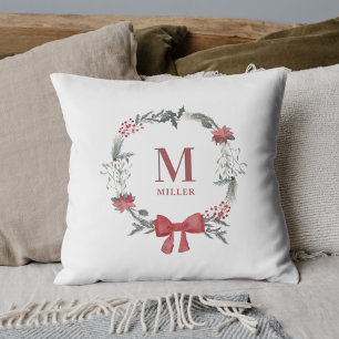 Coussin Couronne de Noël rustique Monogramme de nom de fam