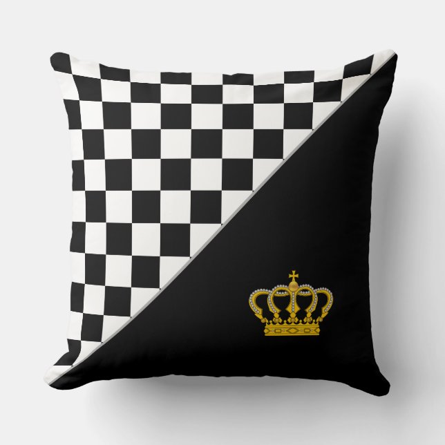 Coussin Couronne d'or aux échecs noirs et blancs élégants (Recto)