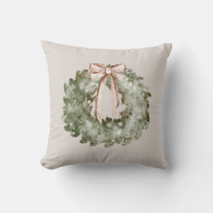 Coussin Couronne et noeud de Noël rustique aquarelle