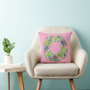 Coussin Couronne florale aquarelle succulente sur fond ros