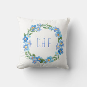 Coussin Couronne florale bleue jaune monogrammée