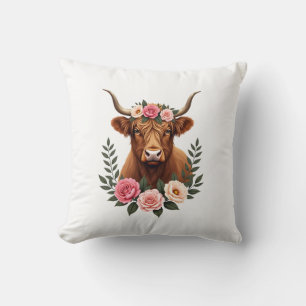 Coussin Couronne florale de vache Highland vintage Boho fe