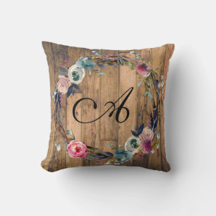 Coussin Couronne florale en bois rustique, style ferme chi