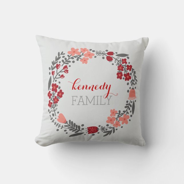Coussin Couronne florale Monogramme personnalisé Gris roug (Recto)