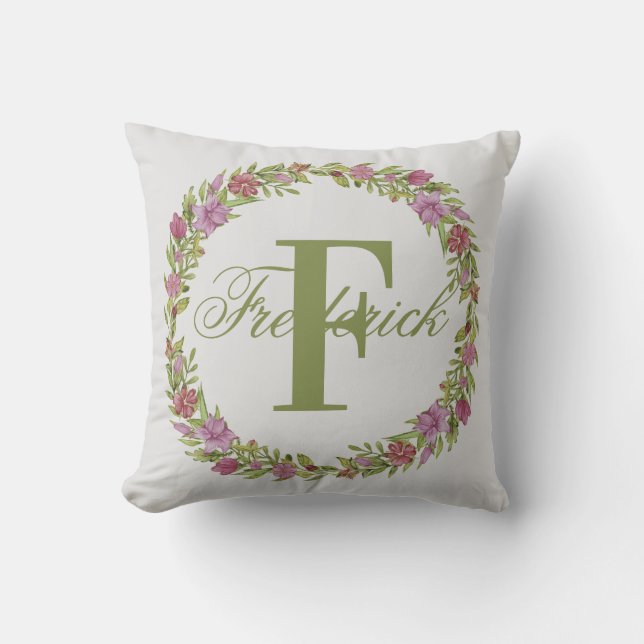 Coussin Couronne florale personnalisée Nom Monogramme (Recto)