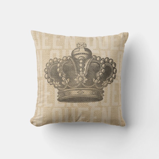 Coussin Couronne vintage sur la reine de toile de jute (Recto)