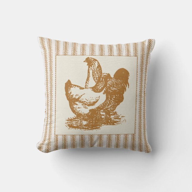 Coussin Coutil Brown avec le coq et le poulet (Recto)