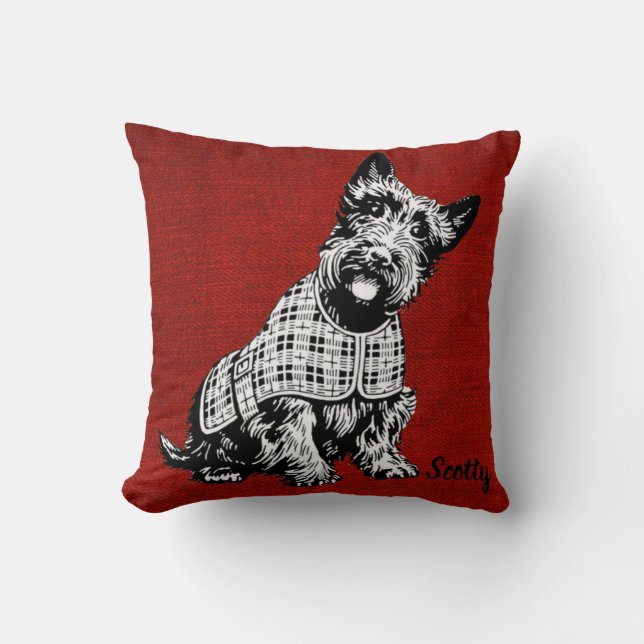 Coussin Coutume. Chien de Scotty, sur le fond rouge (Recto)