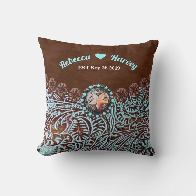 Coussin cowboy brun turquoise pays mariage de l'ouest (Recto)