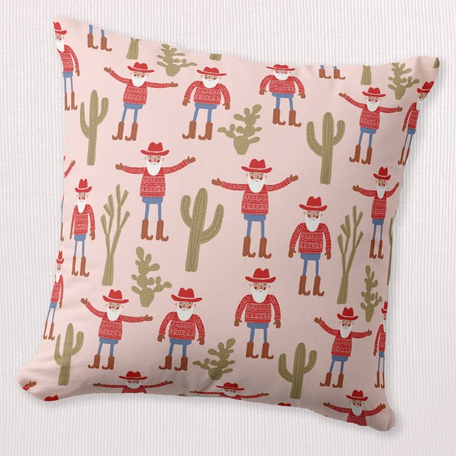 Coussin Cowboy Santa Claus Western Christmas Pink (Fun Cowboy Santa Claus pattern Western Christmas Holiday throw pillow)