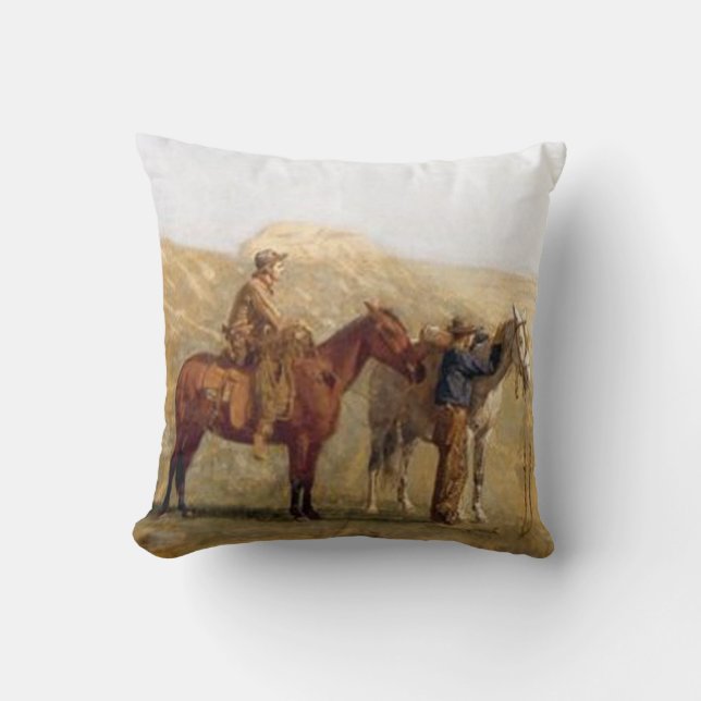 Coussin Cowboys occidentaux vintages et chevaux (Recto)
