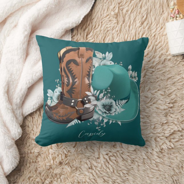 Coussin Cowgirl cowboy bottes casquette turquoise nom brun (Couverture)
