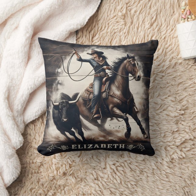 Coussin Cowgirl Roping Bull pendant la compétition de rodé (Couverture)