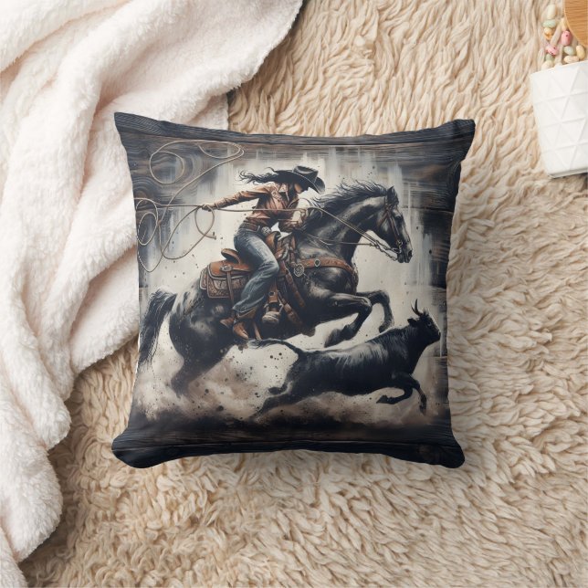 Coussin Cowgirl Roping Cattle à un rodéo passionnant (Couverture)