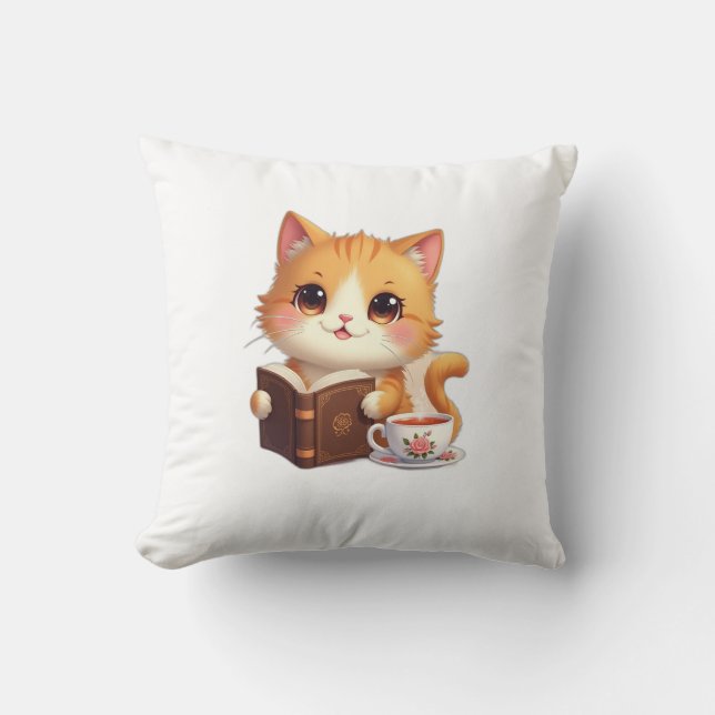 Coussin Cozy Bookish Cat Throw Pillow – Cute Tea & Reading (Recto)