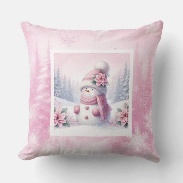 Coussin Cozy Pink Snowman Pinkmas Winter Scene Kids Pillow (Recto)