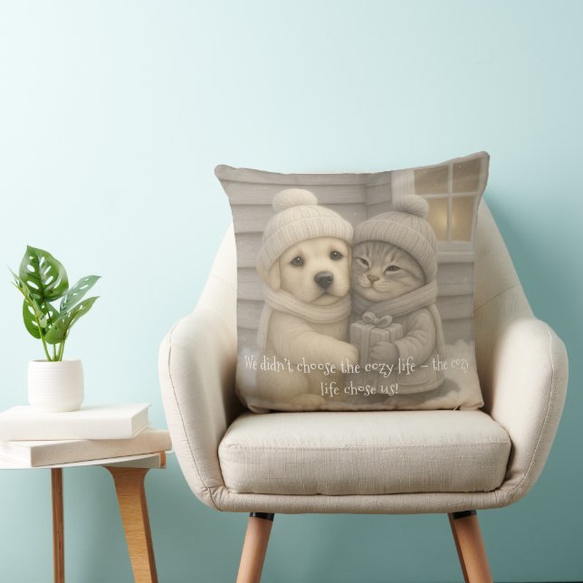 Coussin Cozy Winter Pillow with Puppy and Kitten in Hats (Chaise)