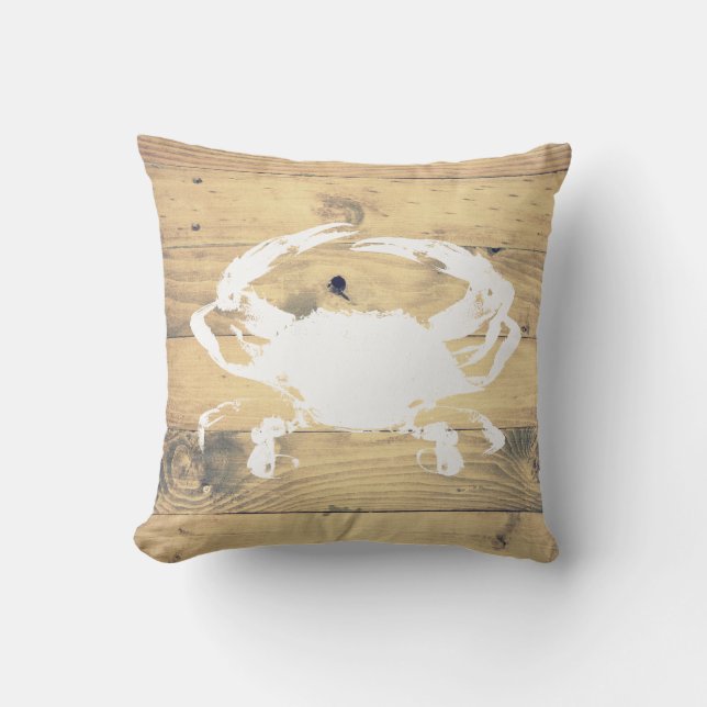 Coussin Crabe blanc côtier Silhouette & Planques en bois (Recto)