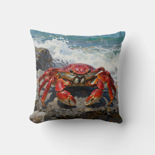 Coussin Crabe Rouge Vibrant et Vagues Océaniques