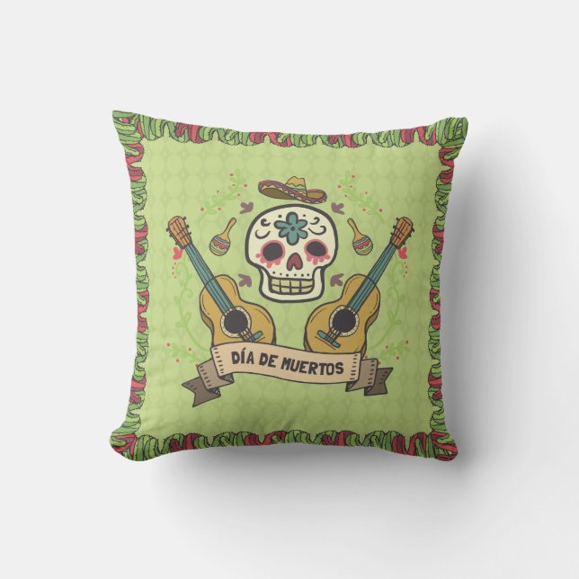 Coussin Crâne à sucre et guitares Dia de Muertos Jeter l'o (Recto)