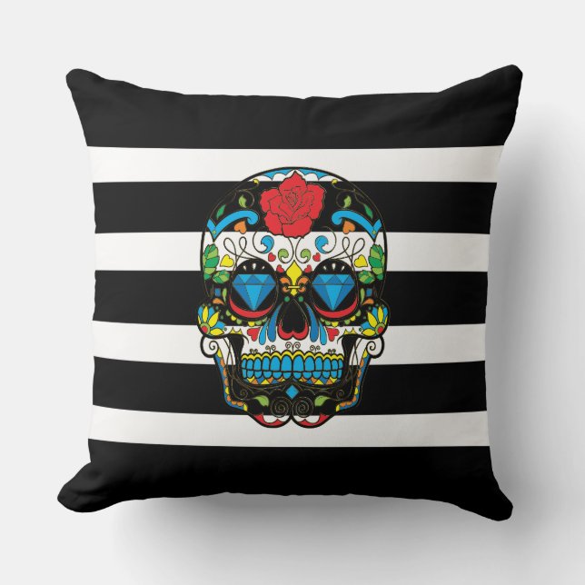 Coussin Crâne à sucre mexicain avec rayures noires Blan po (Recto)
