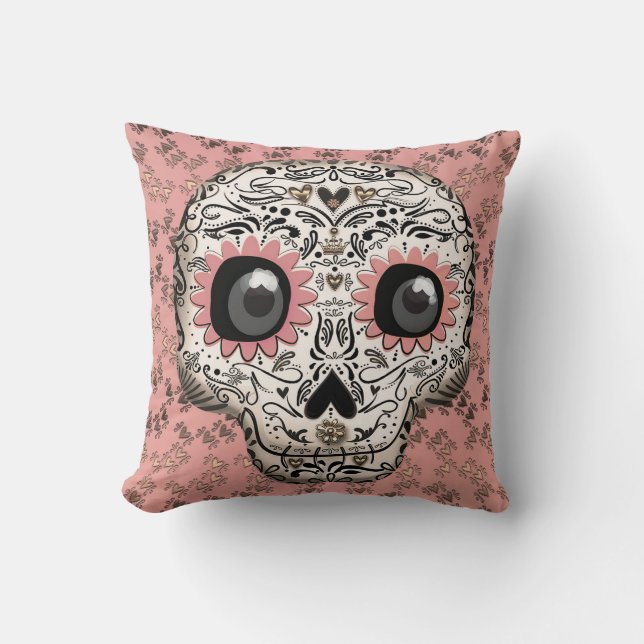 Coussin Crâne à sucre rose et or et mignonette Coeurs Whim (Recto)